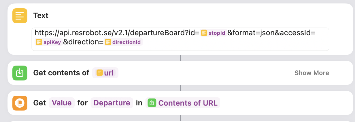 Screenshot of the Apple shortcuts application, containing 3 actions tied together.